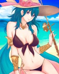 1girls absurdres alternate_costume bangs beach bikini black_bikini black_swimsuit blue_eyes blue_hair breasts byleth_(fire_emblem) byleth_(fire_emblem)_(female) cleavage female female_only fire_emblem fire_emblem:_three_houses hat highres long_hair looking_at_viewer medium_breasts medium_hair navel nintendo ocean simple_background smile solo swimsuit teal_hair truejekart weapon