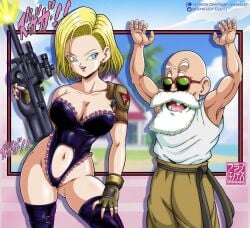 1girls android_18 blonde blonde_hair blue_eyes cameltoe cleavage curvy dragon_ball erect_nipples female franfuentesart2 huge_areolae huge_ass huge_breasts male master_roshi puffy_nipples red_lips short_hair thick_lips voluptuous wide_hips yellow_hair