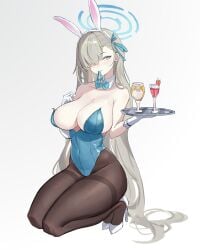 absurdres animal_ears asuna_(blue_archive) asuna_(bunny)_(blue_archive) asuna_(bunny_girl)_(blue_archive) bangs blue_archive blue_bow blue_bowtie blue_eyes blue_leotard blush bow bowtie breasts cleavage detached_collar drink fake_animal_ears female full_body hair_ornament hair_over_one_eye hairband halo high_heels highleg highleg_leotard highres kneeling large_breasts leotard long_hair looking_at_viewer mouth_hold nico-weiyan one_eye_covered pantyhose playboy_bunny rabbit_ears sideboob smile solo sweat thighs tongue_out tray visible_breath white_footwear white_hairband