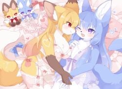 2girls animal_ear_fluff animal_ears asymmetrical_docking babydoll bed blonde_hair blue_eyes blue_hair blush bra breast_press breasts cleavage eye_contact face-to-face fox_ears fox_girl fox_tail furry furry_female garter_belt garter_straps highres holding_hands hoshimiii_mi long_hair looking_at_another lying multiple_girls oerba_yun_fang on_back on_side one_eye_closed open_mouth original panties pillow pink_bra pink_legwear pink_panties purple_babydoll red_eyes smile stockings stuffed_toy tail thighs underwear underwear_only yuri