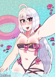 1girls ahoge blush brown_eyes danganronpa danganronpa_another fanganronpa flowers kekibon long_hair pink_ribbon ponytail red_scrunchie ribbons roses sdra2 selfie silver_hair smooth_skin sora_(super_danganronpa_another_2) sparkles super_danganronpa_another_2 swimsuit water