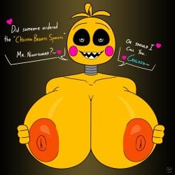 animatronic big_breasts chicken five_nights_at_freddy's five_nights_at_freddy's_2 galainza nipples orange_nipples robot sharp_teeth solo toy_chica_(fnaf) toy_chica_(love_taste)