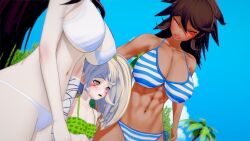 2022 3d 3d_(artwork) 3girls alternate_version_available bandage beach beach_background biceps big_breasts bikini blonde_hair blue_and_white_striped_bikini blue_and_white_striped_bikini_bottom blue_and_white_striped_panties blue_and_white_stripped_panties breast_envy brown_hair danganronpa danganronpa_2:_goodbye_despair danganronpa_s:_ultimate_summer_camp dark-skinned_female female female_only flat_chest flat_chested green_bikini green_bikini_bottom green_bikini_top hair_ribbon hair_ribbons jedash01 koikatsu light-skinned_female light_skin long_hair mole mole_under_eye muscular muscular_female orange_eyes owari_akane pale-skinned_female palm_tree petite petite_body ponytails purple_hair saionji_hiyoko sand sea short_hair sky small_breasts smaller_female straight_hair striped_bikini swimsuit tanned tanned_female tanned_skin tongue_out tsumiki_mikan white_bikini white_bikini_bottom white_bikini_top