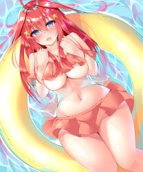 :o absurdres afloat ahoge bangs bare_legs bikini blue_eyes blush breasts cleavage collarbone commentary_request eyebrows_visible_through_hair feet_out_of_frame female frilled_bikini frills from_above go-toubun_no_hanayome highres innertube large_breasts long_hair micosivaa nakano_itsuki navel open_mouth red_bikini red_hair sidelocks solo swimsuit thighs underboob water