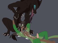 absurd_res anthro anthro_on_feral balls bodily_fluids canid canid_demon cum cum_on_body cum_on_penis demon duo erection feral foreskin genital_fluids genitals hellhound hi_res humanoid_genitalia humanoid_penis insan3dragon ludwig_the_sergal male male/male mammal mortuus penis sergal tongue zoophilia