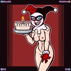 1girls batman:_the_animated_series batman_(series) birthday_cake blush breasts cake dc dc_comics dcau female female_only harley_quinn harley_quinn_(classic) looking_at_viewer nipples nude pussy solo volewdwx