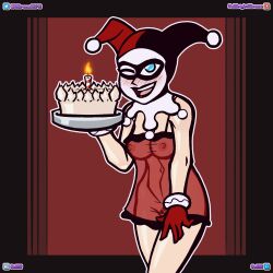 1girls babydoll batman:_the_animated_series batman_(series) birthday_cake blush breasts cake dc dc_comics dcau female female_only harley_quinn harley_quinn_(classic) looking_at_viewer nipples pussy see-through_clothing solo volewdwx