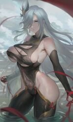 1girls absurd_res big_ass blue_eyes bodysuit breasts curvy female genshin_impact hi_res hip_vent hips jiam009 large_breasts looking_at_viewer mature_female no_panties pale-skinned_female pale_skin shenhe_(genshin_impact) thick_thighs torn_bodysuit torn_clothes wet white_hair wide_hips