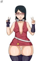 1girls almost_naked alternate_eye_color armband bare_arms bare_shoulders bare_thighs barely_clothed belt boruto:_naruto_next_generations choker collar curvaceous curves curvy curvy_body curvy_female curvy_figure double_peace_sign double_v double_v_sign dress erect_nipples erect_nipples_under_clothes eyewear female female_only fingerless_gloves glasses gloves grizzlyart high_collar hourglass_figure innie_pussy legwear light-skinned_female light_skin lipstick long_hair looking_at_viewer makeup megane minidress mostly_nude naruto naruto_(series) neckwear no_bra no_panties no_underwear partially_clothed peace_sign petite petite_body pinup pinup_pose puffy_pussy red-framed_eyewear red-framed_glasses red-tinted_eyewear red_eyes revealing_clothes sarada_uchiha sharingan shiny shiny_clothes shiny_hair shiny_skin short shoulder_length_hair skimpy skimpy_clothes small_breasts smaller_female smile smiling smiling_at_viewer solo solo_focus teenage teenage_girl teenager thick_thighs thighhighs tight_clothes tight_clothing uncensored unusual_pupils v waving waving_at_viewer wide_hips young younger_female