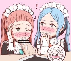 bar_censor blowjob blue_eyes blue_hair censored corrin_(fire_emblem) corrin_(fire_emblem)_(male) cum_on_face felicia_(fire_emblem) fellatio ffm_threesome fire_emblem fire_emblem_fates flora_(fire_emblem) grey_eyes heart-shaped_pupils leud maid nintendo oral pink_hair sisters threesome twins