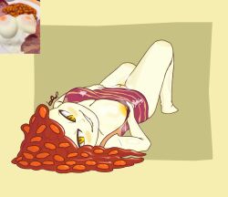 bacon bean bean_(legume) bite biting_lip clothed clothing clothing_lift clothing_pull dress dress_lift dress_pull egg egg_girl_meme female food food_clothing food_creature food_humanoid genitals hi_res humanoid legume looking_at_viewer lying meat monster_girl_(genre) nipples on_back plant pussy solo this_egg_got_me_acting_unwise warewolf_(artist) white_body white_skin yellow_eyes yellow_nipples yellow_pussy