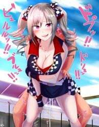 1boy 1girls cum cum_inside doggy_style drill_hair ibara_azuki_(azk_ibr2nd) idolmaster kanzaki_ranko light-skinned_female light-skinned_male light_skin outdoors race_queen