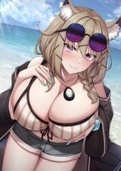 animal_ears arknights big_breasts bikini bikini_top blonde_hair blush breasts looking_at_viewer paintcan purple_eyes shorts smile smug sunglasses sunglasses_on_head tagme thighs utage_(arknights) utage_(summer_flowers)_(arknights)