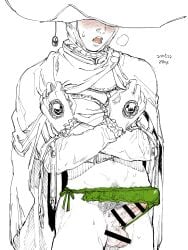 27hyc bar_censor blush bulge cowl elden_ring erection erection_under_clothes eyes_covered fromsoftware male male_only male_pubic_hair open_mouth panties pubic_hair restricted_palette side-tie_panties solo sorcerer_rogier sweat sweatdrop tenting wizard_hat