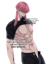 abs black_pants black_shirt blue_eyes chevronthree male_only pink_hair sanzu_haruchiyo scars shirt_in_mouth solo_male