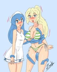 2girls bikini blonde_hair blue_eyes cyndi_campbell green_bikini ikamusume multiple_girls prehensile_hair restrained restrained_by_tentacles shinryaku!_ikamusume tentacle tentacle_hair tentacle_sex vaginal_penetration white_dress yuri zronku