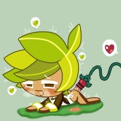 1boy anal anal_sex apron blush bottomless brown_eyes clothing cookie_run grass green_hair hair heart herb_cookie leaf_hair looking_pleasured lorennsfw male male_only mob_face on_ground open_mouth outside partially_clothed plant plant_monster plant_tentacle short_hair simple_background speech_bubble steam steamy_breath sweat tan_body tentacle tentacle_sex trembling