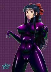 1girls 2021 absurdres big_breasts blue_hair bodysuit bow breasts brown_eyes busty covered_erect_nipples covered_navel dated erect_nipples erect_nipples_under_clothes female female_only hair_ribbon highres large_breasts latex legs ponytail radeon-hd5770x2 ribbon sakura_shinguji sakura_taisen sakura_wars sega solo thighs toned