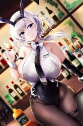 1girls alternate_costume azur_lane bar bar_(place) big_breasts breasts bunny_ears eagle_union_(azur_lane) female female_only huge_breasts ibara_azuki_(azk_ibr2nd) indoors light-skinned_female light_skin official_alternate_costume reno_(azur_lane) reno_(reno_bunnino)_(azur_lane) solo thick_thighs