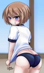 1girls :t absurdres angry ass big_ass blanc blue_eyes blush brown_hair buruma clothes_pull dat_ass duplicate embarrassed endlesstsubaki female female_only goddess highres huge_ass legs neptunia_(series) panties pink_panties pout shirt_pull short_hair solo sportswear tears thick_thighs thighs underwear