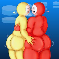 2boys after_kiss ass_grab ass_jiggle back_view big_ass big_butt blush blush bouncy_road butt_jiggle chubby chubby_male dot_eyes gay heavy_breathing jiggle kissing making_out male male/male male_only mob_face object_head peekleek red_clothing rhythm_heaven rhythm_tengoku saliva saliva_string saliva_trail short_stack shortstack thick_ass thick_thighs tight_clothes tight_clothing tongue_out yellow_clothing