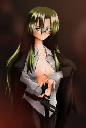 1girls asatana asougi_rin big_breasts blouse blush breasts busty cleavage female female_only glasses green_eyes green_hair gun handgun highres jacket jacket_on_shoulders large_breasts long_hair magazine_(weapon) mature mature_female mature_woman mnemosyne no_bra office_lady open_clothes open_shirt pants pistol reloading shirt solo weapon