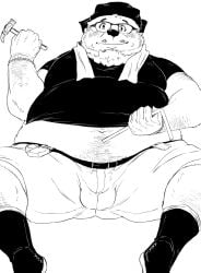 2022 anthro balls_outline belly big_belly bottomwear bulge clothing eyewear genital_outline glasses hi_res humanoid_hands kemono male mammal mature_male monochrome overweight overweight_male shintatokoro shirt shorts sitting solo topwear towel towel_around_neck ursid