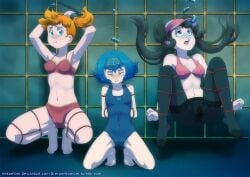 3girls asphyxiation bikini bikini_top blue_face blue_swimsuit bondage closed_eyes drowned drowning female female_only kasumi_(pokemon) lana_(pokemon) multiple_girls nekomom nintendo one-piece_swimsuit out_of_breath pokemon pokemon_bw2 pokemon_rgby pokemon_sm red_bikini red_swimsuit rosa_(pokemon) two_piece_swimsuit underwater