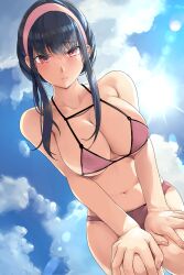 1girls 2022 absurd_res bikini black_hair blush breasts daytime female female_only hips huge_breasts kntrs_(knyrs) leaning_forward long_hair looking_at_viewer low-angle_view outdoors pink_bikini red_eyes slim_waist spy_x_family thick_thighs thighs wide_hips yor_briar