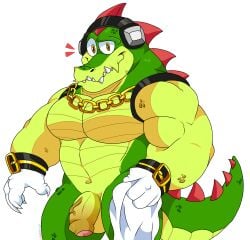 abs anthro balls clothing crocodile crocodilian crocodylid genitals gloves gold_(metal) gold_jewelry green_body handwear headphones hi_res humanoid_genitalia jewelry lewdookami looking_at_viewer male male_focus male_only muscular muscular_anthro muscular_male penis reptile scalie sega solo sonic_(series) sonic_the_hedgehog_(series) thick_penis towel vector_the_crocodile yellow_eyes