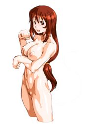 1girls arikawa big_breasts breasts brown_hair busty erica_fontaine female female_only highres large_breasts legs long_hair looking_at_viewer navel nipples nude open_mouth pubic_hair pussy sakura_wars sega smile solo thighs toned