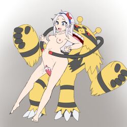 2022 accessory alice_(pokemon) anthro blue_eyes bodily_fluids breasts clitoris cum cum_in_pussy cum_inside duo ejaculation electivire electricity electricity_manipulation electricity_play electrostimulation feet female female_on_anthro flat_colors fur genital_fluids genitals hair headband hi_res human human_penetrated interspecies male male/female mammal motion_lines multicolored_body multicolored_fur navel nintendo nipples penis pokémon_(species) poképhilia pokemon pokephilia pussy_ejaculation pussy_juice red_eyes saeko_art small_breasts stomach_bulge suspended_via_penetration toes two_tone_body two_tone_fur video_games white_hair yellow_body yellow_fur young