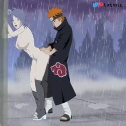 1boy 1girls against_wall akatsuki_(naruto) animated big_breasts black_eyes blue_hair boots breasts cloak clothed/nude clothed_female_nude_male clothed_male_nude_female clothed_sex duo full_body konan long_hair luthris male/female moaning mp4 naked_female naruto naruto_(series) naruto_shippuden orange_eyes orange_hair outdoor_sex outdoors pain_(naruto) piercing purple_sclera raining rinnegan sex short_hair side_view sideboob sound standing standing_sex straight video water_drop