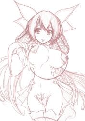 1girls arc_system_works big_breasts breasts busty dizzy_(guilty_gear) female female_only guilty_gear hair_ribbon himechan huge_breasts legs mature mature_female mature_woman milf monochrome navel open_mouth pubic_tattoo smile solo tattoo thighhighs thighs very_long_hair voluptuous