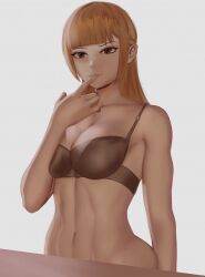 abs artist_request bra brown_eyes dirty_blonde_hair finger_on_lip genshin_impact npc upper_body verr_goldet_(genshin_impact) zaki_btw