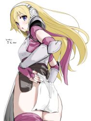 1girls armor ass big_ass blonde_hair blue_eyes breasts bubble_butt character_request dat_ass female female_only fingerless_gloves gloves headphones hirowa_nagi legs long_hair looking_at_viewer looking_back medium_breasts no_panties open_mouth thighhighs thighs