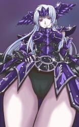 1girls armor breasts cameltoe female female_only fingerless_gloves forehead_protector gloves goddess hand_on_hip large_breasts long_hair looking_at_viewer looking_down pale-skinned_female pale_skin phantasos presenting_crotch purple_eyes purple_hair saint_seiya saint_seiya:_the_lost_canvas solo specters thick_thighs thigh_gap very_long_hair villainess white_hair