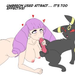 <3_eyes 1boy 1girls 2022 animal_genitalia animal_penis ass attract_(pokemon_move) balls big_breasts black_body black_fur blush blush_lines bodily_fluids breasts canine_penis chetta_(pokemon) cum cum_in_mouth cum_inside drill_curls duo eeveelution english_text eye_roll fellatio fellatio_on_feral female female_on_feral feral flat_colors fur genital_fluids genitals hair heart hi_res human interspecies knot looking_pleasured male male/female mammal nintendo nipples nude oral paws penile penis pink_eyes pink_hair pokémon_(species) poképhilia pokemon pokemon_masters pokephilia rachel_(pokemon) red_eyes saeko_art sex simple_background text umbreon video_games white_background