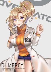 1girls angela_ziegler big_breasts blizzard_entertainment blonde_hair blue_eyes clothed clothing coat doctor dr._ziegler eyewear female female_focus female_only fully_clothed glasses lab_coat light-skinned_female light_skin lowres mercy negister overwatch parted_lips ponytail short_skirt smile thick_thighs tight_clothing tight_fit