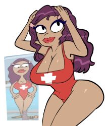 1girls 2022 4_fingers adult_swim background_character big_ass big_breasts blue_eyeshadow breasts cartoon_network cleavage clothing cute dark-skinned_female dark_skin eyeshadow female hairpin hairpins home_movies lifeguard lipstick majuv one-piece_swimsuit pink_hairpins purple_hair red_lipstick swimsuit tagme thick_thighs