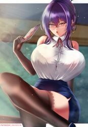 big_breasts breasts earrings glasses hoop_earrings light-skinned_female light_skin looking_at_viewer purple_hair rikadoh rin_(senran_kagura) senran_kagura suzune_(senran_kagura) teacher thick_thighs thighhighs thighs voluptuous