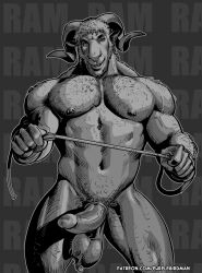 abs anthro balls big_balls body_hair bovid caprine chest_hair eyebrows facial_piercing falcon_mccooper fist genitals grin hi_res horn humanoid_genitalia humanoid_penis male mammal monochrome muscular muscular_male navel nipple_piercing nipples nose_piercing nose_ring nude penis piercing riding_crop sheep smile smug solo standing text thick_eyebrows url vein whip