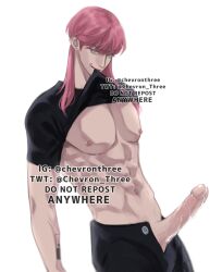 abs big_penis black_pants black_shirt blue_eyes chevronthree cum_on_penis male_only piercings pink_hair sanzu_haruchiyo scars shirt_in_mouth solo_male