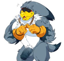 albatross anthro avian beak biceps bird blue_eyes blush bodily_fluids clothing collar genital_fluids genitals gloves grey_body handwear hi_res humanoid_genitalia lewdookami male male_focus male_only muscular muscular_male neck_tuft nude pecs penis precum procellariiform sega shy shy_smile solo sonic_(series) sonic_riders sonic_the_hedgehog_(series) storm_the_albatross thick_penis tuft