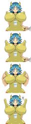 big_breasts big_nipples blue_eyes blue_hair breasts cow_horns ears_down edit erect_nipples female female_only high_resolution highres horns long_hair long_nipples long_tail looking_at_viewer milk necklace necklace_between_breasts nipple_expansion nipple_stimulation nipple_tweak nipples original original_character petitdry puffy_nipples source_request tail tail_grab tight_clothing tight_shirt