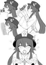 1boy absurdres bangs bar_censor blush censored cum cum_in_mouth cum_in_throat cupping_hands deepthroat fellatio female flower flower-shaped_pupils genshin_impact greyscale hair_between_eyes hako_reeema hat hat_flower heart highres hu_tao_(genshin_impact) long_hair long_sleeves monochrome multiple_views open_mouth oral parted_lips penis simple_background sweat symbol-shaped_pupils wide_sleeves