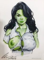 1girls areolae big_breasts breasts business_suit business_woman elias_chatzoudis exposed_breasts female female_only green_skin hourglass_figure hulk_(series) large_breasts long_hair makeup marvel marvel_comics nipples office_lady ripped_clothes she-hulk she-hulk:_attorney_at_law solo tagme torn_clothes