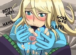 areolae big_breasts blonde_hair blowjob breasts busty censor_bar censored dekkapie fellatio female female_focus large_breasts male male_pov metroid nintendo nipples paizuri pov samus_aran tagme