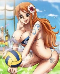 1girls big_breasts bikini blue_tattoo breasts busty curvy curvy_figure female male nami nami_(one_piece) one_piece orange_hair rakara11 tattoo tattoo_on_arm tattooed_arm thick_thighs