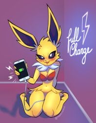 2022 absurd_res anthro black_sclera blush bottomless bra breast_squish breasts cellphone clothed clothing eeveelution female fur hi_res jolteon looking_at_viewer naughty_face nintendo phone pinup pokémon_(species) pokémorph pokemon pose solo squish suggestive tangeluscious underwear video_games yellow_body yellow_fur